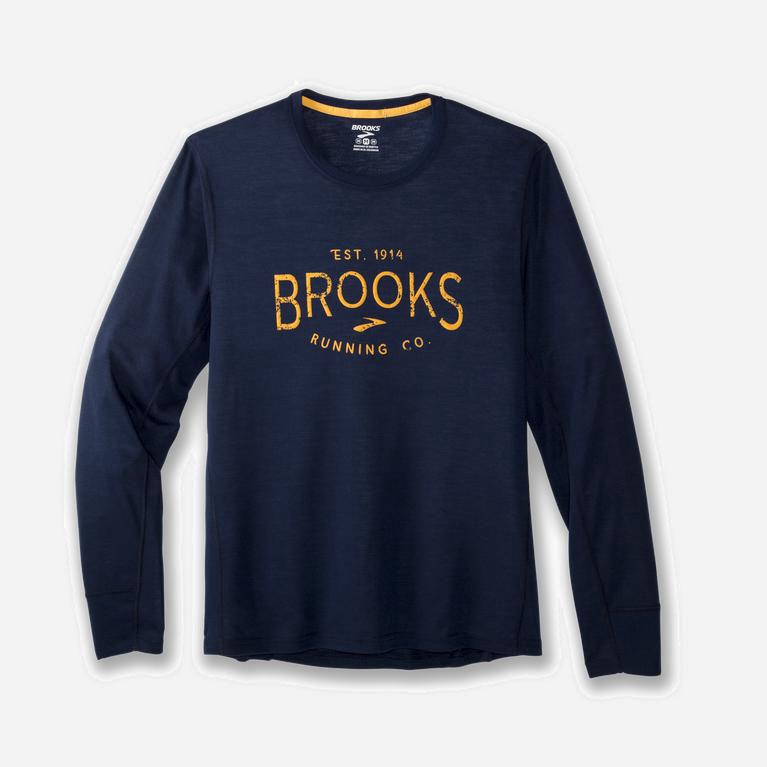 Brooks Distance Graphic Mens Long Sleeve Running Shirt - Navy/Heritage - Philippines (536029EAG)